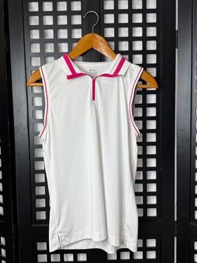 🤍 Slazenger Golf Tank Womens Large White Sleeveless Polo Zip Pink Trim 🤍